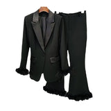 Fongt New Fashion Temperament Real Feather Ostrich Hairy Blazer Nine-Point Trouser Suit Two Sets