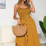 Summer Sleeveless slip Dress Women Strapless Bow Button loose bandage Pleated polka dot sundress casual Backless