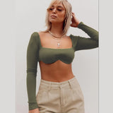 Rib Knit Crop Tops Long Sleeve Square Neck Tube Top Stretchy Corset Women Backless Solid Color Blouse 2021