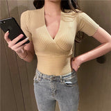 Spot Summer Large V-Collar, Low-Cut, Sexy, Tight-Fitting White Wine Red Short-Sleeved Sweater-Outfit