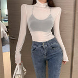 T Shirts Women Transparent Tops Long Sleeve Slim Turtleneck Stretchy T-Shirt Autumn Tees-Outfit