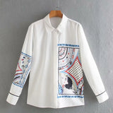 Women Vintage Flowers Print White Chiffon Shirt Long Sleeve Spring Chic Female Loose Shirt
