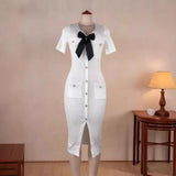 Fongt Small Fragrant Temperament V-Neck Bow Bow With Beads Button Opening Knitted Dress