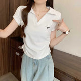 Embroidered Bow Polo Collar Short Sleeve Tee-Outfit