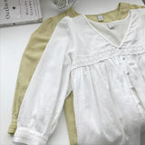Women Vintage Lace Blouse V-Neck Solid Long Sleeve Beach Shirts for Women Summer Casual Loose Boho