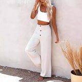 Fongt Women's Spring And Summer New Women's Pants Solid Cotton Tampons Tight Loose Leisure Wide Legs Women's Trousers