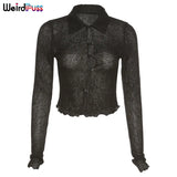 Puss Knitting See Through Black T-Shirts Women Fall Trend Long Sleeve Ruffles Skinny Tops Button Soft Casual Autumn