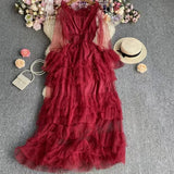Fongt High-End Feel Leaf Edge Mesh Cake Dress Women's Waist Thin Temperament A Word Shoulder Super Fairy Long Skirt