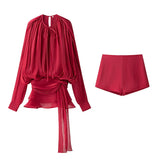 Fongt Homemade New Women's Classic Pressed Flawed Belt Design Loose Net纱 Dress Set