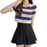 Fongt Classic Bump Striped Short-Sleeved Ice Silk Knitted Women's Summer T-Shirt Short Repair Small Shirt