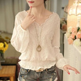 Spring New Long Sleeve V-Neck Stylish Hollow Out Blouses Elegant Ladies Korean Casual Solid Color Thin Pullovers Shirts-Outfit