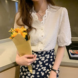 Lace with Button Lady's Top Short Sleeve Summer New Puff Sleeve White V-Collar Chiffon Blouse Slim Cardigan Shirts