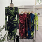 Vintage Tie-Dye Printing Irregular Folded Mesh Yarn Body-Body-Sleeve Dress