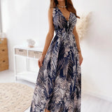 Fongt Women's Dress 2025 Dress Summer Floral Bare Back Sleeveless Dress V-Neck Temperament Elegant