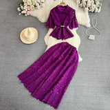 Fongt Luxury Retro Temperament Female Short-Sleeved Single Buckle Shirt High-Rise Half-Dress Two Sets Of Lace Fashion Set