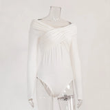 Shoulder Onesie 2024 Hot Top Sexy Cross Pleated One-Line Shoulder Long Sleeve Onesie-Outfit