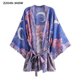 Women Blue Space Moon Flower Print Kimono Shirt Holiday Beach Tide Bow Sashes Mid Long Cardigan Blouse BOHO