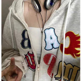 Aesthetic Embroidery Letters Zip Up Hoodie-Outfit