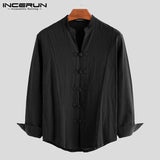 Men Casual Shirt Solid Retro Button Stand Collar Tops Cotton Linen Long Sleeve Chinese Traditional Shirts Men