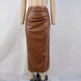 Fongt Women's 2024 New Solid Color PU High Waist Pleated Slit Skirt Women's Skirt-Outfit