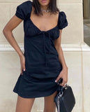 Retro Open Buttons Lacing up V neck Puff Short Sleeve Short Dress Woman Pink Black French Mini Dresses Holiday