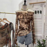 Vintage Graffiti-Printed Shoulder-Threin Mesh Long-Sleeved Blouse Side Drawstring Tethered With Slime T-Shirt