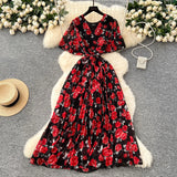 Fongt Summer Dress New Female High-End Feel Strapped Belt V Collar Horn Sleeves Thin Temperament Print Chiffon Dress