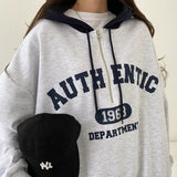 Vintage Letter Print Zipper Oversized Hoodie-Outfit