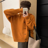 Fongt Horn Button Solid Color Sweater Coat Women's Winter 2024 New Loose Lazy Wind Hoodie Knit Cardigan-Outfit