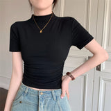 Fongt Collar Short-Sleeved T-Shirt Women's Summer 2024 New Bottom Shirt With Slim Short Student Pleated