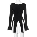 Black Long Sleeve Bow Splice Folds Mini Dress-Outfit
