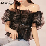 Mesh Bubble Sleeve Blusas Mujer Off-shoulder Shirts Blouses Lace Up Bow Camisas Spring Summer 2024 Tops Tunic Ropa-Outfit