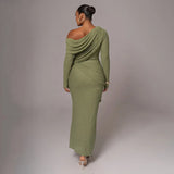 Draped Off-Shoulder Long Sleeve Top And Maxi Skirt Set-Outfit