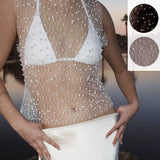 Fongt 2024 Explosion Women's Bubble Beads Net Yarn Perspective Sexy Sleeveless Vest
