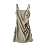 New Pleated Vest Dress Summer Women's Solid Color Square Collar Sleeveless Hip Skirt-Outfit