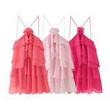 Fongt Summer New Women's Temperament Three-Dimensional Flower Decoration Cascade Lotus Leaf Side Hanging Neck Dress