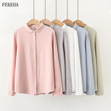 Shirts Tops And Blouses 100% Cotton Lady Long Sleeve Solid Color Office Work White Clothes Fashion Woman