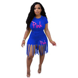 Plus Size Women Set S-5XL PINK Letter Print Round Neck Top And Tassel Shorts Two Piece Sets Casual 2pcs Outfits