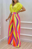 Neck Bat Blouse Print Wide Leg Pants