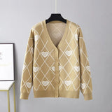 Women's Knitting Print Sweater Color Heart Single-Breasted Button Loose Casual Knitted Cardigan Sweaters Autumn V-neck