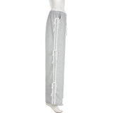 Grey Stripe Ribbon Drawstring Sweatpants-Outfit