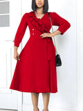Fongt Women's Dress 2025 New Fashion Temperament Pure Color V Collar Folds High Waist Big Dress Dress Dress