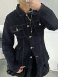 Fongt Water-Washed Denim Shirt Coat Split Design Design Display Waist Line Long-Sleeved Casual Women's Top