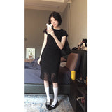 Fongt Niche High-End Set Women's 2025 Summer Body-Repair Short-Sleeved Blouse Mesh Lattice Half-Dressed