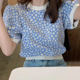 Version Of The Hottie Chic Daisy Knitting Bubble Sleeve T-Shirt 2025 Summer New Short-Sleeved Temperament