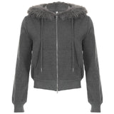 Fongt Spliced Zipper Hooded Jacket Woman 2025 Autumn And Winter Retro Letter Embroidery Short Top