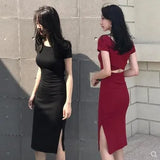 Fongt / Summer 2024 New Korean Version Ins Wrap Hip Skirt Sexy Medium Long Slit Short Sleeve Back Bottom Dress