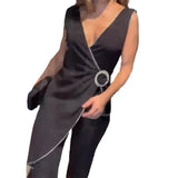 Fongt Summer New Fashion V-Neck Sleeveless Stitching Irregular Jumpsuit Woman-Outfit