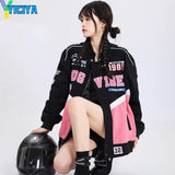 Black Bomber Woman American Racing Varsity Jacket Long Sleeve Stand Collar Baseball Jackets Unisex Bombers Winter