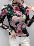 Winter High Neck Fashion Printed Thick Mesh Long Sleeve T-shirt Women Slim Trendy T Shirts Fashion Floral Top For Female-Outfit